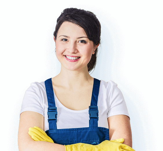Smiling woman in beige cleaning uniform with a sparkling star icon, holding a mop and wearing yellow rubber gloves in a bright living room.